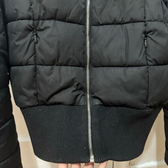 Y2K Bebe size medium black cropped puffer jacket missing fur Rhinestone logo - Picture 7 of 15